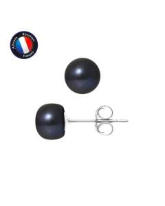 PERLINEA - Boucles d'Oreilles - Véritables Perles de Culture d'Eau Douce Noires Boutons 7-8 mm - Or Blanc - Bijoux Femme