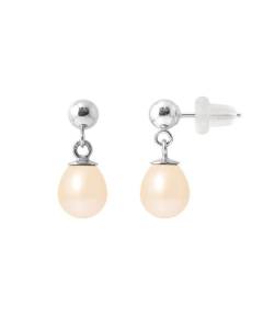 PERLINEA - Boucles d'Oreilles Comète - Véritables Perles de Culture d'Eau Douce Poires 6-7 mm Rose Naturel - Or Blanc - Bijoux Femme