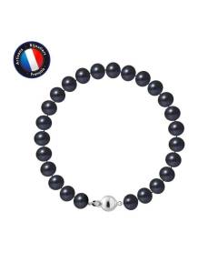 PERLINEA - Bracelet - Véritable Perle de Culture d'Eau Douce Semi-Ronde 7-8 mm Black Tahiti - Fermoir Boule - Bijoux Femme