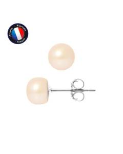 PERLINEA - Boucles d'Oreilles - Véritables Perles de Culture d'Eau Douce Boutons 7-8 mm Rose Naturel - Or Blanc - Bijoux Femme