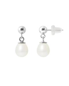 PERLINEA - Boucles d'Oreilles Comète - Véritables Perles de Culture d'Eau Douce Poires 6-7 mm Blanc Naturel - Or Blanc - Bijoux Femm