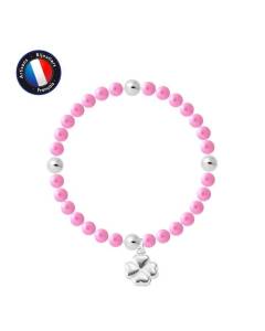 PERLINEA - Bracelet My Chance - Véritable Perle de Culture d'Eau Douce Ronde 5-6 mm Rose Fushia - Câble Elastiqué - Bijoux Femme