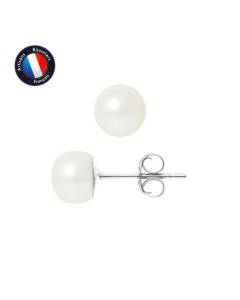 PERLINEA - Boucles d'Oreilles - Véritables Perles de Culture d'Eau Douce Boutons 7-8 mm Blanc Naturel - Or Blanc - Bijoux Femme