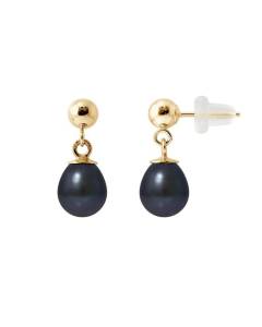 PERLINEA - Boucles d'Oreilles Comète - Véritables Perles de Culture d'Eau Douce Poires 6-7 mm Black Tahiti - Or Jaune - Bijoux Femme