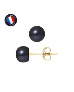 PERLINEA - Boucles d'Oreilles - Véritables Perles de Culture d'Eau Douce Noires Boutons 7-8 mm - Or Jaune - Bijoux Femme