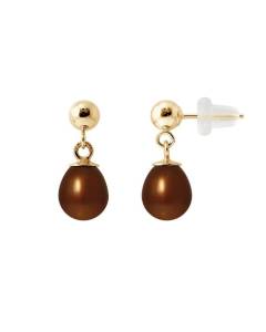 PERLINEA - Boucles d'Oreilles Comète - Véritables Perles de Culture d'Eau Douce Poires 6-7 mm Chocolat - Or Jaune - Bijoux Femme