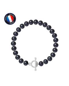 PERLINEA - Bracelet - Véritable Perle de Culture d'Eau Douce Semi-Ronde 7-8 mm Black Tahiti - Fermoir Baton - Bijoux Femme