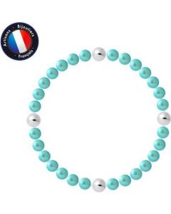 PERLINEA - Bracelet - Véritables Perles de Culture d'Eau Douce Rondes 5-6 mm Bleu Turquoise - Câble Elastiqué - Bijoux Femme