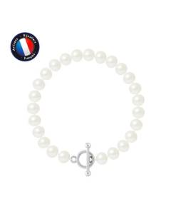 PERLINEA - Bracelet - Véritable Perle de Culture d'Eau Douce Semi-Ronde 7-8 mm Blanc Naturel - Fermoir Baton - Bijoux Femme
