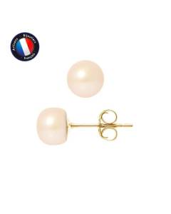 PERLINEA - Boucles d'Oreilles - Véritables Perles de Culture d'Eau Douce Boutons 5-6 mm Rose Naturel - Or Jaune - Bijoux Femme