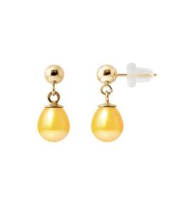 PERLINEA - Boucles d'Oreilles Comète - Véritables Perles de Culture d'Eau Douce Poires 6-7 mm Gold - Or Jaune - Bijoux Femme