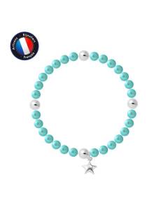 PERLINEA - Bracelet My Star - Véritable Perle de Culture d'Eau Douce Ronde 5-6 mm Bleu Turquoise - Câble Elastiqué - Bijoux Femme