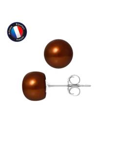PERLINEA - Boucles d'Oreilles - Véritables Perles de Culture d'Eau Douce Boutons 8-9 mm Chocolat - Or Blanc - Bijoux Femme