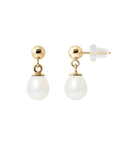 PERLINEA - Boucles d'Oreilles Comète - Véritables Perles de Culture d'Eau Douce Poires 6-7 mm Blanc Naturel - Or Jaune - Bijoux Femm