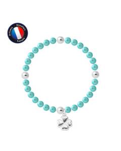 PERLINEA - Bracelet My Chance - Véritable Perle de Culture d'Eau Douce Ronde 5-6 mm Bleu Turquoise - Câble Elastiqué - Bijoux Femme