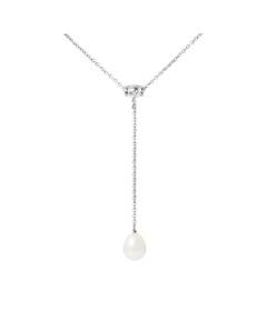 PERLINEA - Collier Cravate - Perle de Culture d'Eau Douce AAA+ Poire 9-10 mm - Blanc Naturel - Argent 925 Millièmes - Bijoux Femme