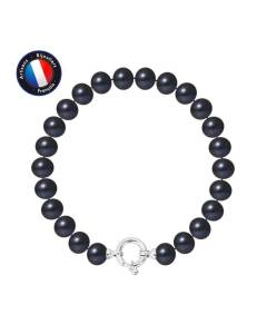 PERLINEA - Bracelet - Véritable Perle de Culture d'Eau Douce Semi-Ronde 8-9 mm Black Tahiti - Anneau Marin - Bijoux Femme