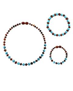 Box bracelet et collier bébé / Bracelet adulte - Ambre Cognac / Turquoise bleue Marron Et Bleu