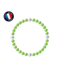 PERLINEA - Bracelet - Véritables Perles de Culture d'Eau Douce Rondes 5-6 mm Vert Tonic - Câble Elastiqué - Bijoux Femme