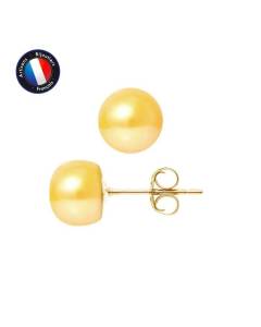 PERLINEA - Boucles d'Oreilles - Véritables Perles de Culture d'Eau Douce Boutons 8-9 mm Gold - Bijoux Femme - Or Jaune