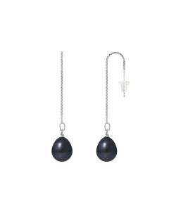PERLINEA - Boucles d'Oreilles - Véritables Perles de Culture d'Eau Douce Noires Poires 8-9 mm - Or Blanc - Bijoux Femme