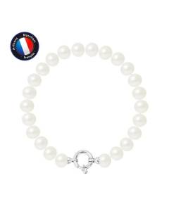 PERLINEA - Bracelet - Véritable Perle de Culture d'Eau Douce Semi-Ronde 8-9 mm Blanc Naturel - Anneau Marin - Bijoux Femme