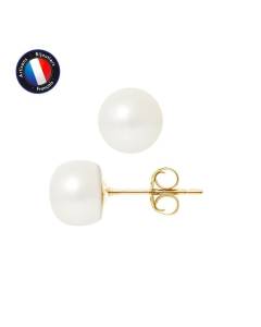 PERLINEA - Boucles d'Oreilles - Véritables Perles de Culture d'Eau Douce Boutons 8-9 mm Blanc Naturel - Or Jaune - Bijoux Femme