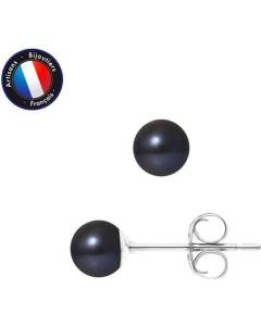 PERLINEA - Boucles d'Oreilles - Véritables Perles de Culture d'Eau Douce Noires Rondes 5-6 mm - Or Blanc - Bijoux Femme
