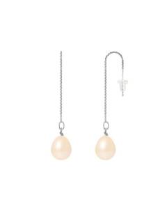 PERLINEA - Boucles d'Oreilles - Véritables Perles de Culture d'Eau Douce Poires 8-9 mm Rose Naturel - Or Blanc - Bijoux Femme
