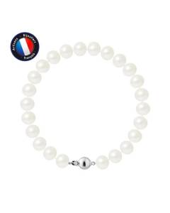 PERLINEA - Bracelet - Véritable Perle de Culture d'Eau Douce Semi-Ronde 8-9 mm Blanc Naturel - Fermoir Boule - Bijoux Femme