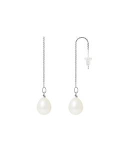 PERLINEA - Boucles d'Oreilles - Véritables Perles de Culture d'Eau Douce Poires 8-9 mm Blanc Naturel - Or Blanc - Bijoux Femme