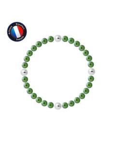 PERLINEA - Bracelet - Véritables Perles de Culture d'Eau Douce Rondes 5-6 mm Vert Intense - Câble Elastiqué - Bijoux Femme
