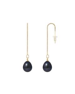 PERLINEA - Boucles d'Oreilles - Véritables Perles de Culture d'Eau Douce Noires Poires 8-9 mm - Or Jaune - Bijoux Femme