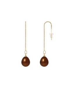 PERLINEA - Boucles d'Oreilles - Véritables Perles de Culture d'Eau Douce Poires 8-9 mm Chocolat - Or Jaune - Bijoux Femme
