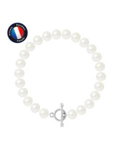 PERLINEA - Bracelet - Véritable Perle de Culture d'Eau Douce Semi-Ronde 8-9 mm Blanc Naturel - Fermoir Baton - Bijoux Femme