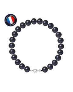 PERLINEA - Bracelet - Véritable Perle de Culture d'Eau Douce Semi-Ronde 8-9 mm Black Tahiti - Mousqueton - Bijoux Femme