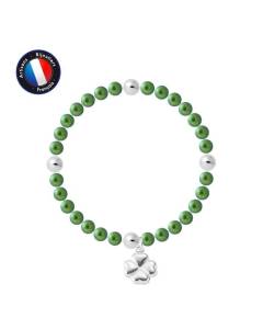 PERLINEA - Bracelet My Chance - Véritable Perle de Culture d'Eau Douce Ronde 5-6 mm Vert Intense - Câble Elastiqué - Bijoux Femme