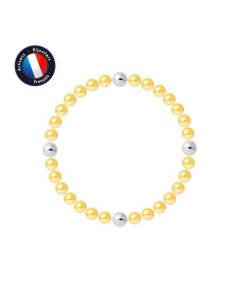 PERLINEA - Bracelet - Véritables Perles de Culture d'Eau Douce Rondes 5-6 mm Gold - Câble Elastiqué - Bijoux Femme