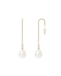 PERLINEA - Boucles d'Oreilles - Véritables Perles de Culture d'Eau Douce Poires 8-9 mm Blanc Naturel - Or Jaune - Bijoux Femme