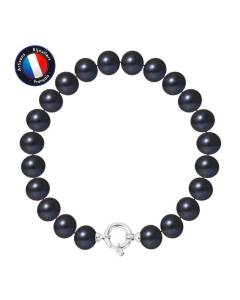 PERLINEA - Bracelet - Véritable Perle de Culture d'Eau Douce Semi-Ronde 9-10 mm Black Tahiti - Anneau Marin - Bijoux Femme