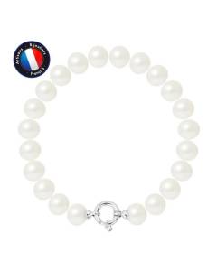 PERLINEA - Bracelet - Véritable Perle de Culture d'Eau Douce Semi-Ronde 9-10 mm Blanc Naturel - Anneau Marin - Bijoux Femme