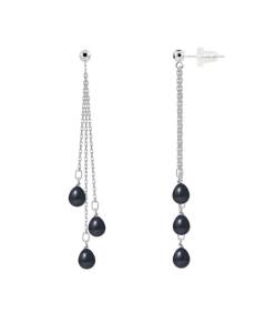 PERLINEA - Boucles d'Oreilles - Véritables Perles de Culture d'Eau Douce Noires Poires 5-6 mm - Or Blanc - Bijoux Femme