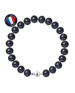 PERLINEA - Bracelet - Véritable Perle de Culture d'Eau Douce Semi-Ronde 9-10 mm Black Tahiti - Fermoir Boule - Bijoux Femme