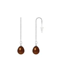 PERLINEA - Boucles d'Oreilles - Véritables Perles de Culture d'Eau Douce Poires 8-9 mm Chocolat - Or Blanc - Bijoux Femme