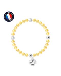 PERLINEA - Bracelet My Chance - Véritable Perle de Culture d'Eau Douce Ronde 5-6 mm Gold - Câble Elastiqué - Bijoux Femme