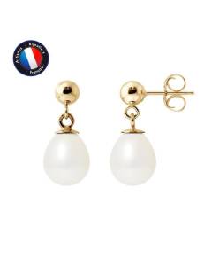 PERLINEA - Boucles d'Oreilles Comète - Véritables Perles de Culture d'Eau Douce 7-8 mm Blanc Naturel - Or Jaune - Bijoux Femme