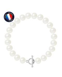 PERLINEA - Bracelet - Véritable Perle de Culture d'Eau Douce Semi-Ronde 9-10 mm Blanc Naturel - Fermoir Baton - Bijoux Femme