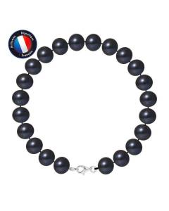 PERLINEA - Bracelet - Véritable Perle de Culture d'Eau Douce Semi-Ronde 9-10 mm Black Tahiti - Mousqueton - Bijoux Femme