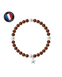 PERLINEA - Bracelet My Star - Véritable Perle de Culture d'Eau Douce Ronde 5-6 mm Chocolat - Câble Elastiqué - Bijoux Femme