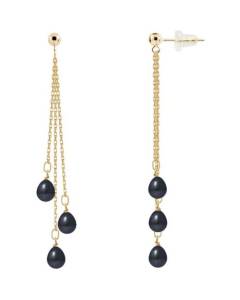PERLINEA - Boucles d'Oreilles - Véritables Perles de Culture d'Eau Douce Noires Poires 5-6 mm - Or Jaune - Bijoux Femme